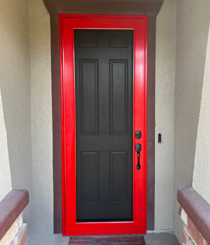 Red Centurion security screen door with durable mesh and slim modern frame